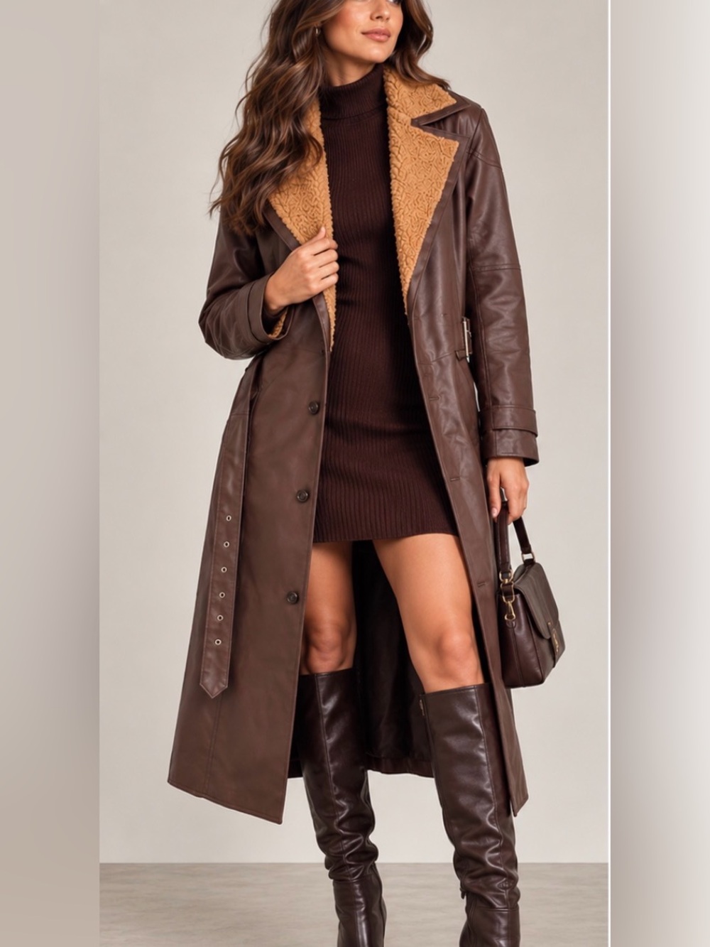 The Leather Gems Genuine Leather Brown Sherpa Trench Coat XS Belted Long Jacket